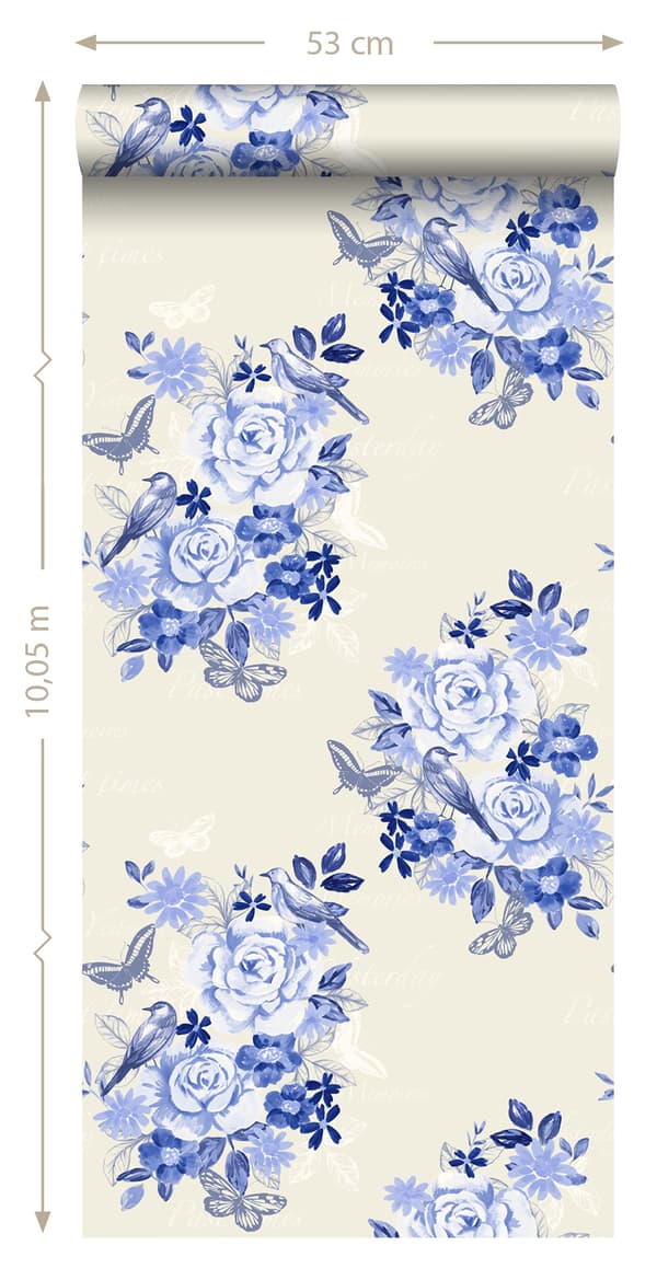 ESTAhome tapet blommor och fåglar indigoblått 53 cm x 10,05 m
