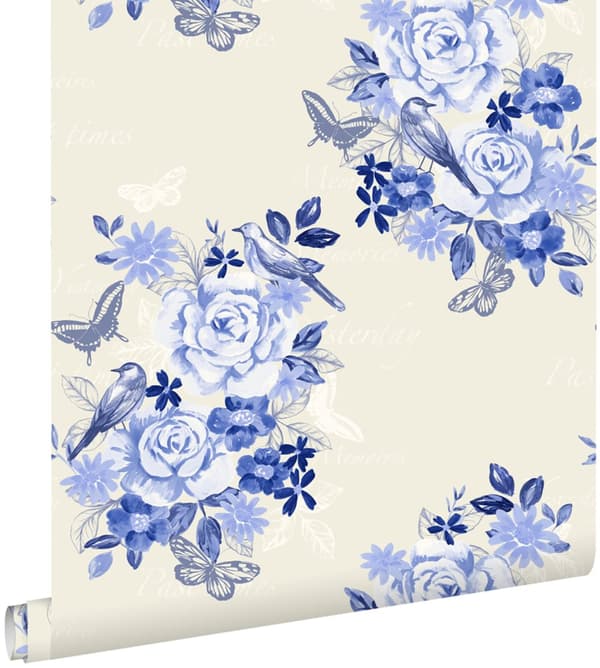 ESTAhome tapet blommor och fåglar indigoblått 53 cm x 10,05 m