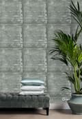 Miniatyrbild 5 av 8: Origin Wallcoverings tapet stora slitna rostiga metallplåtar med nitar ljust lagungrönt 53 cm x 10,05 m