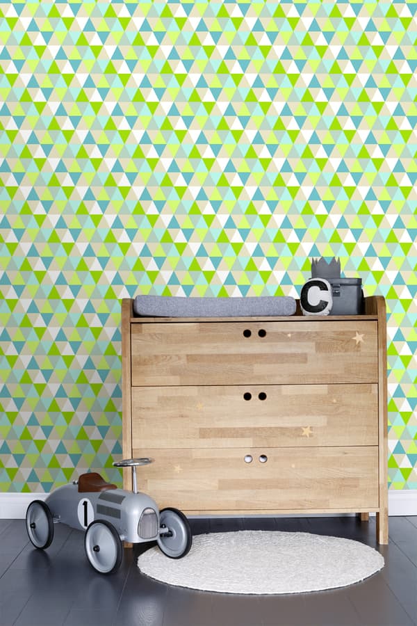 ESTAhome tapet trianglar limegrönt, turkost och beige 53 cm x 10,05 m