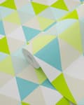 Miniatyrbild 6 av 8: ESTAhome tapet trianglar limegrönt, turkost och beige 53 cm x 10,05 m