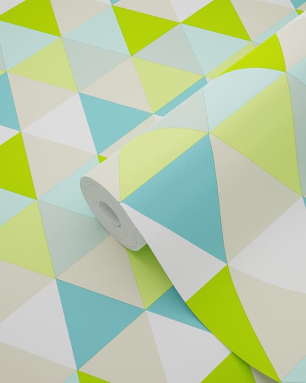 ESTAhome tapet trianglar limegrönt, turkost och beige 53 cm x 10,05 m