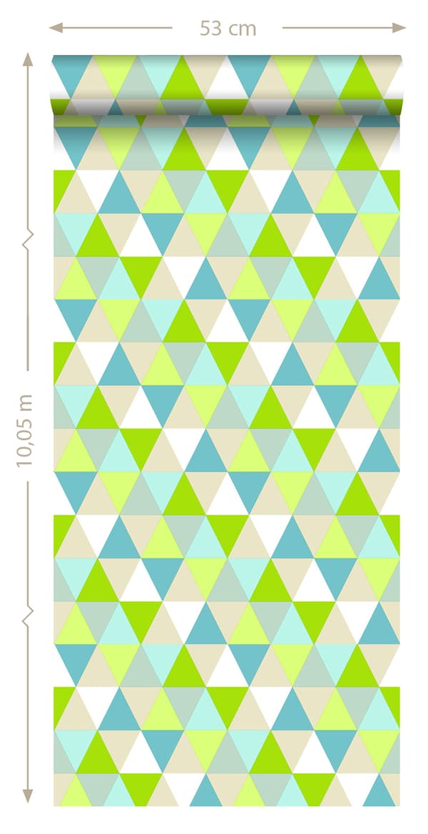ESTAhome tapet trianglar limegrönt, turkost och beige 53 cm x 10,05 m
