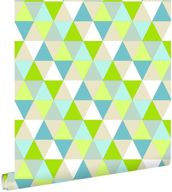 ESTAhome tapet trianglar limegrönt, turkost och beige 53 cm x 10,05 m