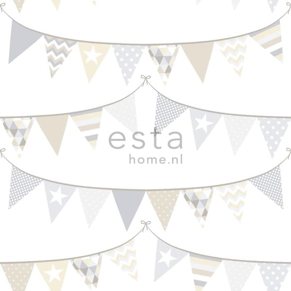 ESTAhome tapet girlanger ljusgrått, beige och glänsande vitt 53 cm x 10,05 m