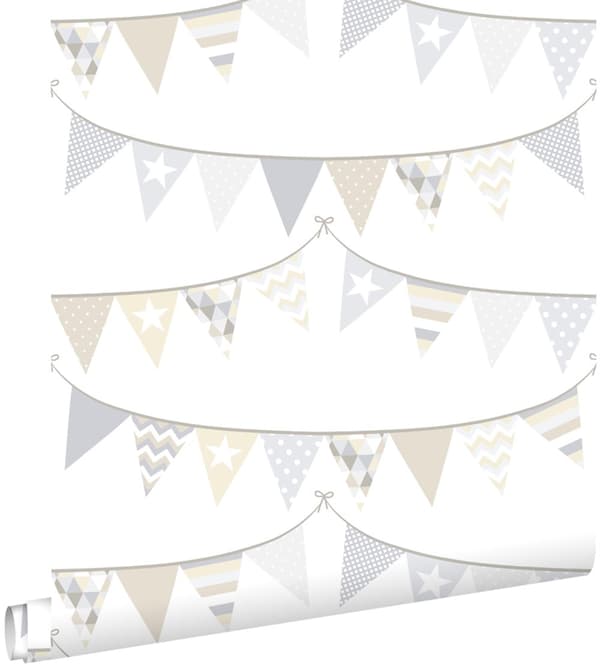 ESTAhome tapet girlanger ljusgrått, beige och glänsande vitt 53 cm x 10,05 m