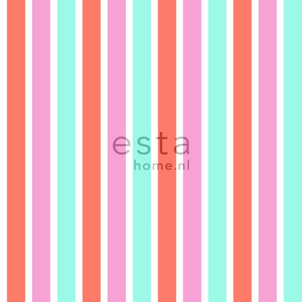 ESTAhome tapet vertikala ränder rosa, turkost och korallrött 53 cm x 10,05 m