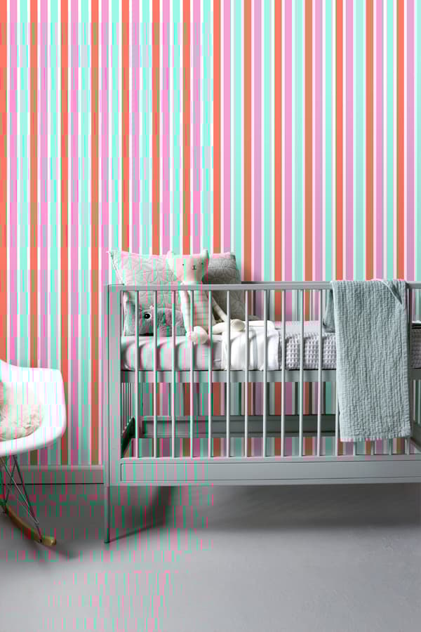 ESTAhome tapet vertikala ränder rosa, turkost och korallrött 53 cm x 10,05 m