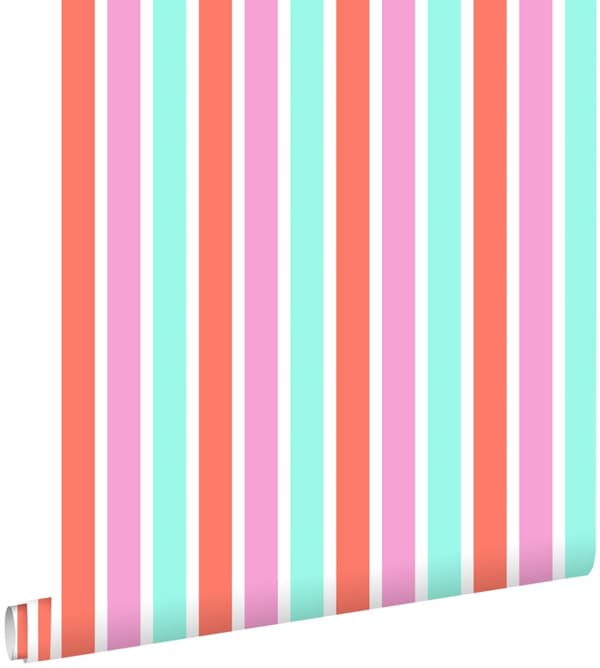ESTAhome tapet vertikala ränder rosa, turkost och korallrött 53 cm x 10,05 m