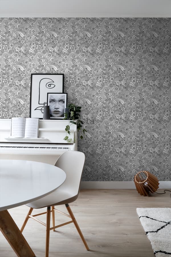 ESTAhome tapet pennteckning av blommor svart och vitt 0,53 x 10,05 m