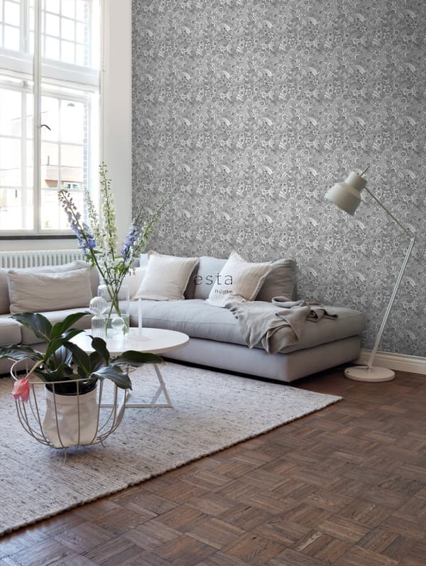 ESTAhome tapet pennteckning av blommor svart och vitt 0,53 x 10,05 m