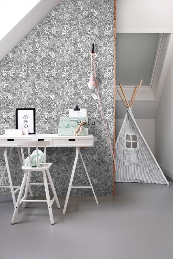 ESTAhome tapet pennteckning av blommor svart och vitt 0,53 x 10,05 m