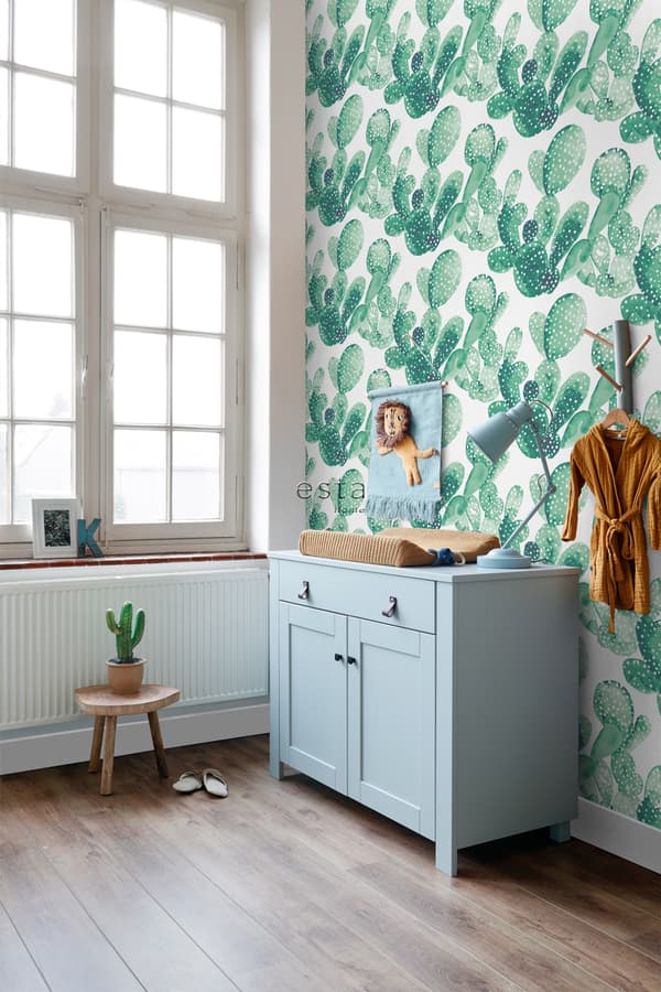 ESTAhome tapet akvarellmålade blommande kaktusar smaragdgrönt - 138903 - 53 cm x 10,05 m