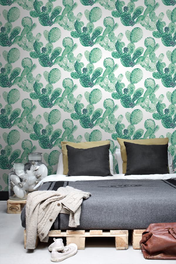 ESTAhome tapet akvarellmålade blommande kaktusar smaragdgrönt - 138903 - 53 cm x 10,05 m