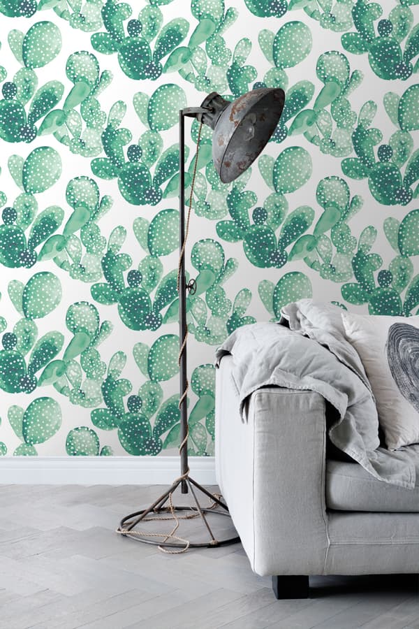 ESTAhome tapet akvarellmålade blommande kaktusar smaragdgrönt - 138903 - 53 cm x 10,05 m