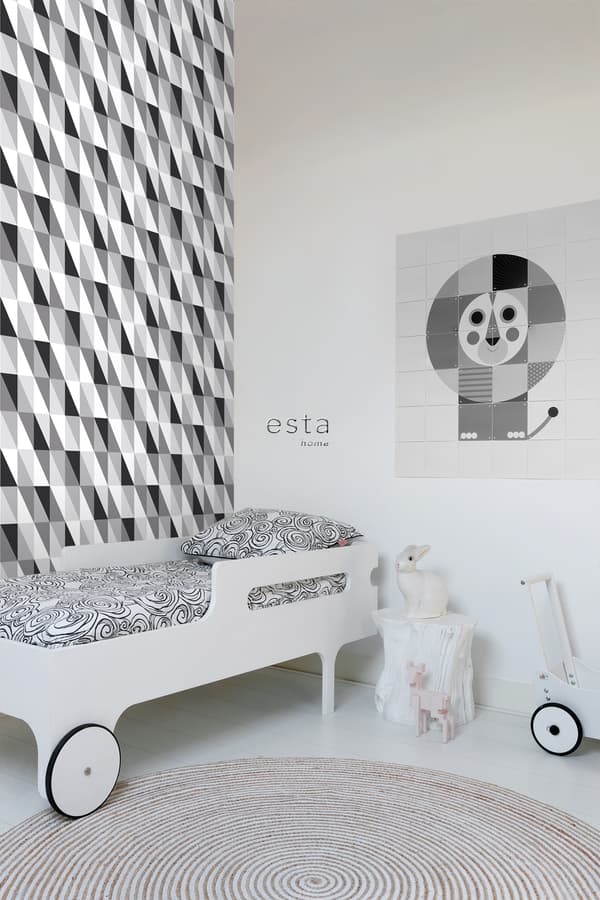 ESTAhome tapet grafiske trekanter sort, gråt og hvidt 0,53 x 10,05 m