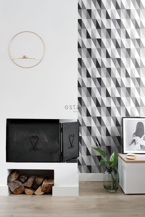 ESTAhome tapet grafiske trekanter sort, gråt og hvidt 0,53 x 10,05 m