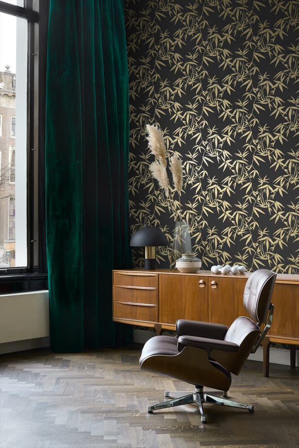 Origin Wallcoverings tapet bambublad svart och guld 0,53 x 10,05 m