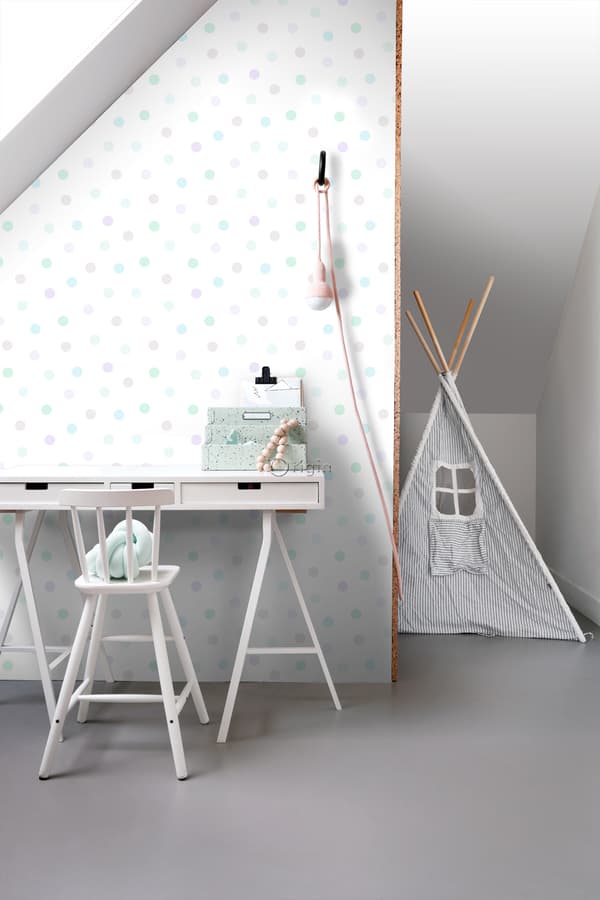 Origin Wallcoverings tapet polkaprickar pastellila, mintgrönt, glänsande silvergrått och pastellblått 53 cm x 10,05 m