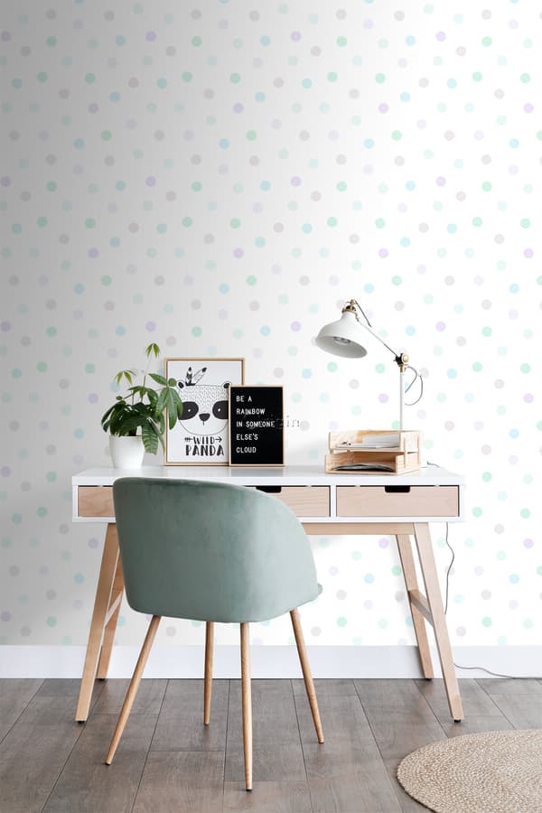 Origin Wallcoverings tapet polkaprickar pastellila, mintgrönt, glänsande silvergrått och pastellblått 53 cm x 10,05 m