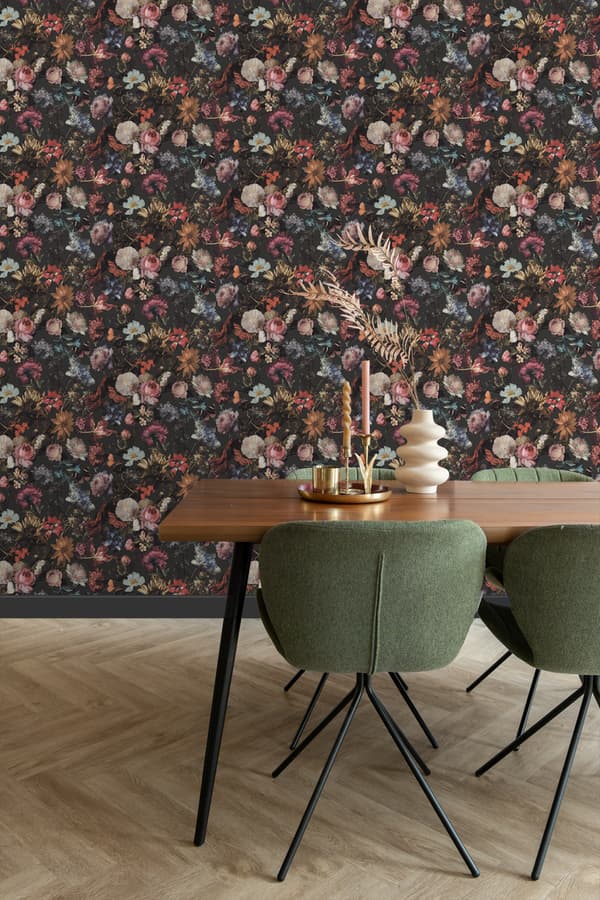 ESTAhome tapet blomster mørkegråt 0,53 x 10,05 m