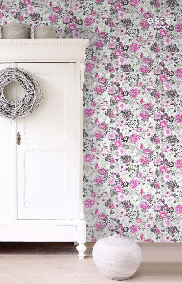 ESTAhome tapet blommor rosa och svart 53 cm x 10,05 m