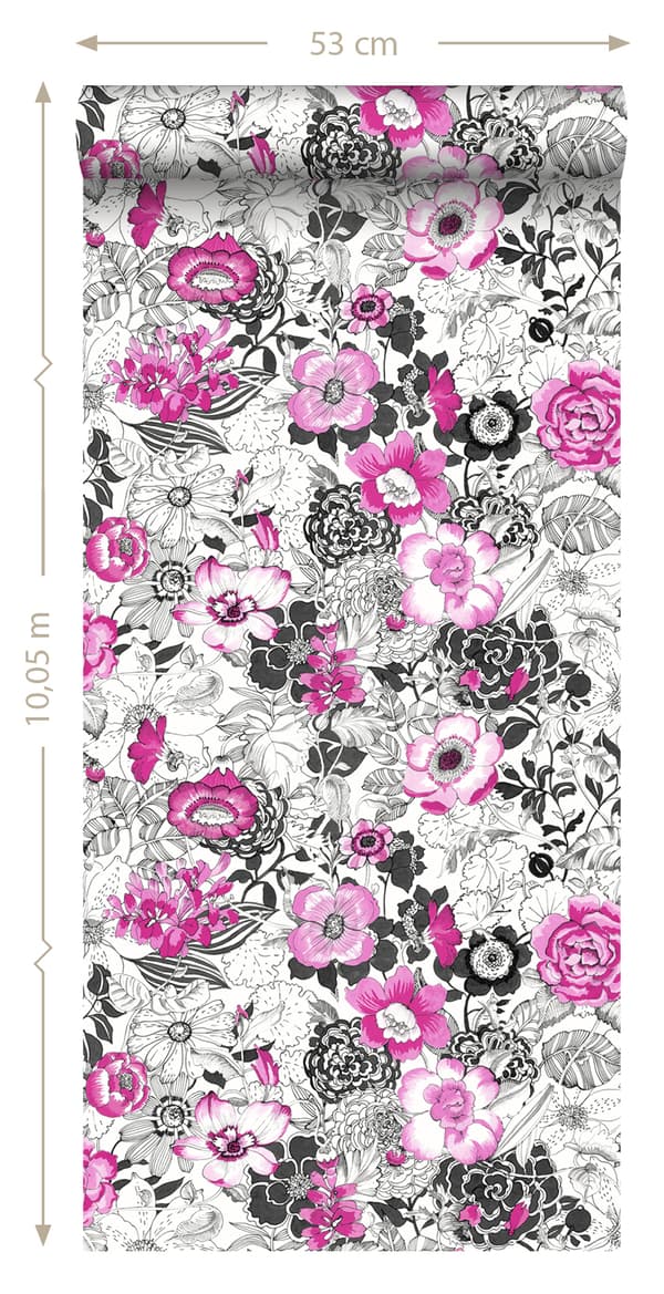 ESTAhome tapet blommor rosa och svart 53 cm x 10,05 m