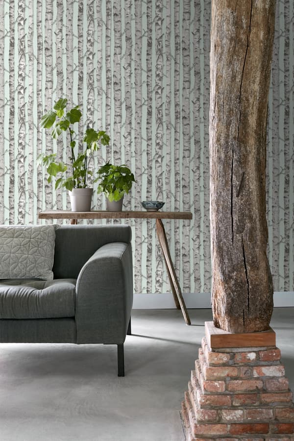ESTAhome tapet björkstammar mintgrönt och varmt grått 53 cm x 10,05 m