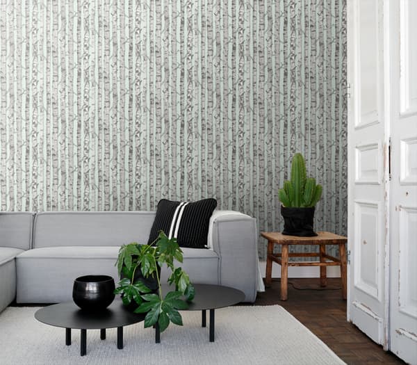 ESTAhome tapet björkstammar mintgrönt och varmt grått 53 cm x 10,05 m