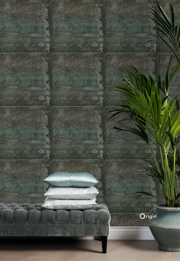 Origin Wallcoverings tapet stora slitna rostiga metallplåtar med nitar brunt och ljust bensinblått - 337226 - 53 cm x 10,05 m
