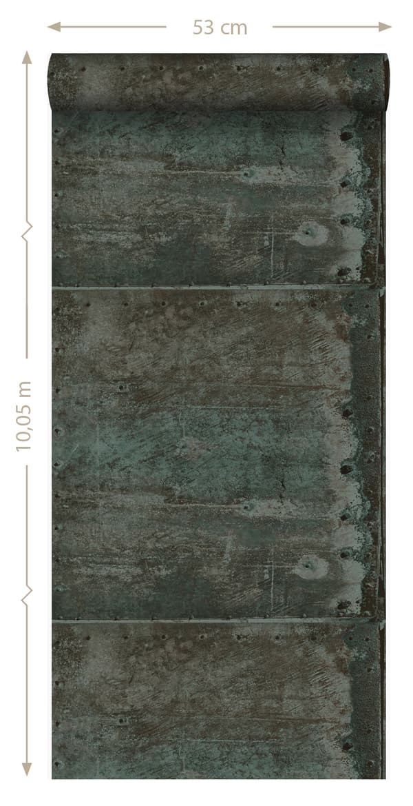 Origin Wallcoverings tapet stora slitna rostiga metallplåtar med nitar brunt och ljust bensinblått - 337226 - 53 cm x 10,05 m