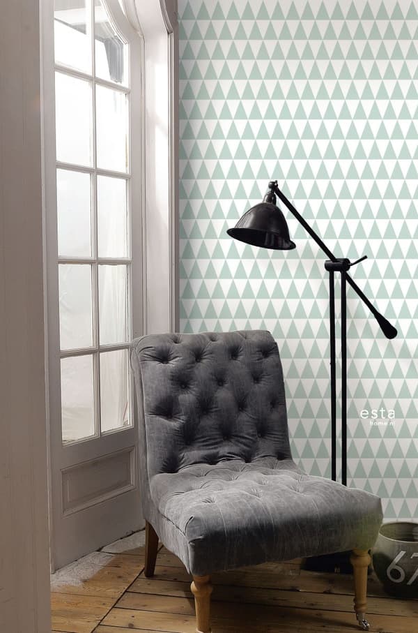 ESTAhome tapet grafiska geometriska trianglar mintgrönt och matt vitt 53 cm x 10,05 m