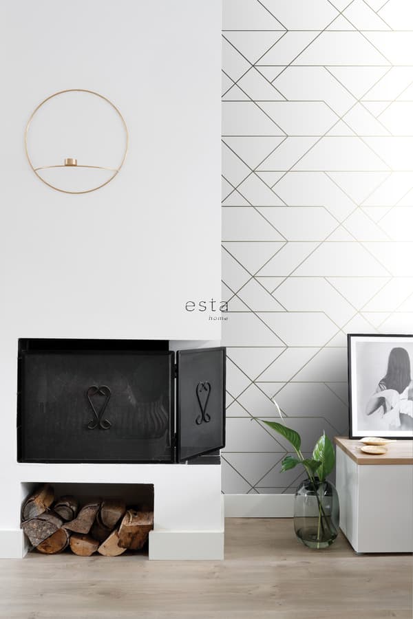 ESTAhome tapet grafiska linjer vitt och guld 0,53 x 10,05 m