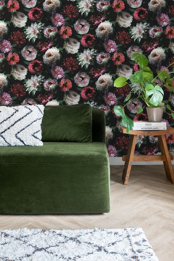ESTAhome tapet blommor rosa, svart och mörkgrönt 0,53 x 10,05 m