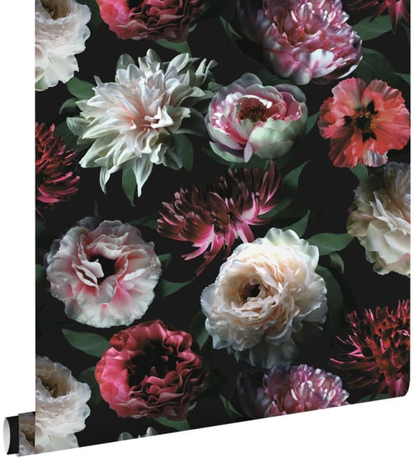 ESTAhome tapet blommor rosa, svart och mörkgrönt 0,53 x 10,05 m