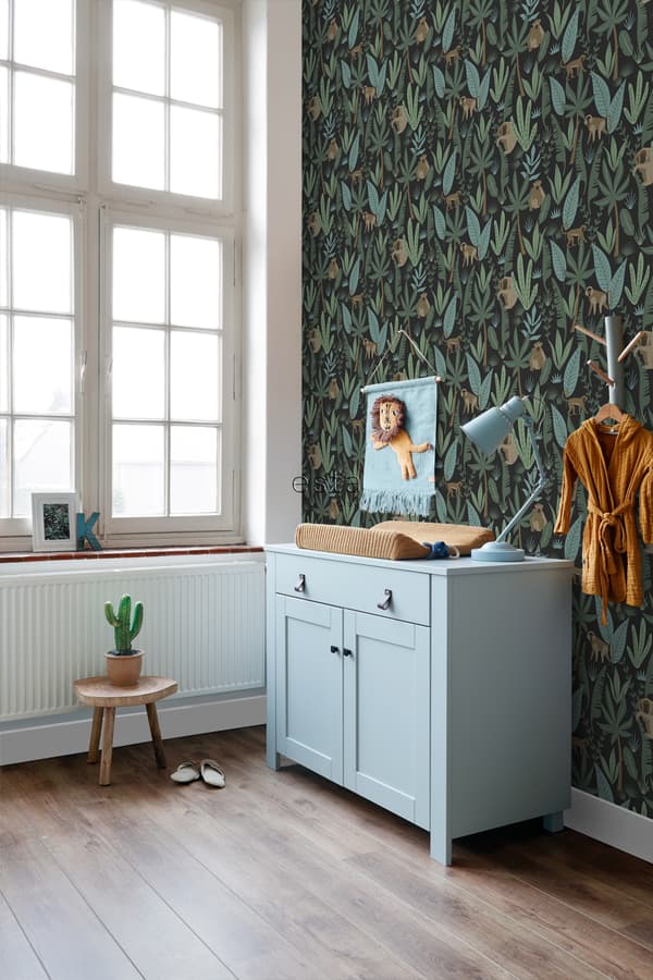 ESTAhome tapet apor svart, mörkgrönt och mintgrönt 0,53 x 10,05 m