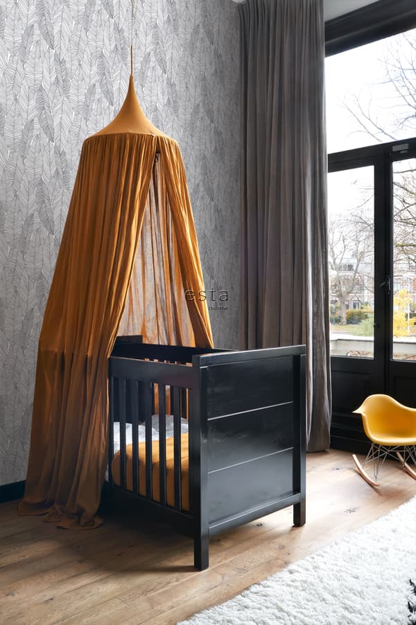 ESTAhome tapet håndtegnede blade sort og hvidt - 139011 - 0,53 x 10,05 m