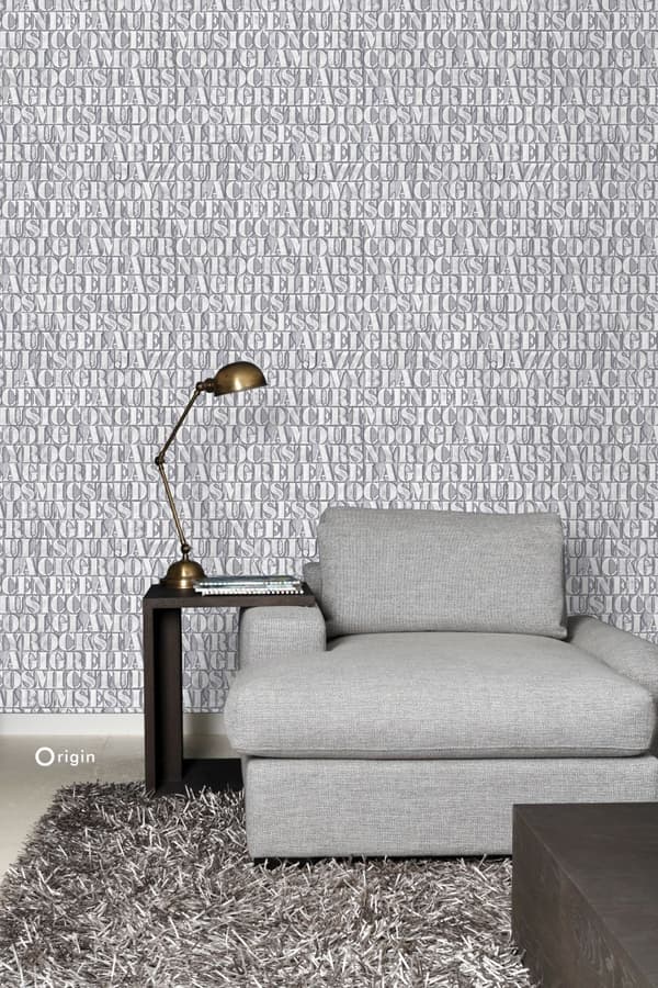 Origin Wallcoverings tapet gamla metalltryckta bokstäver ljusgrått 53 cm x 10,05 m