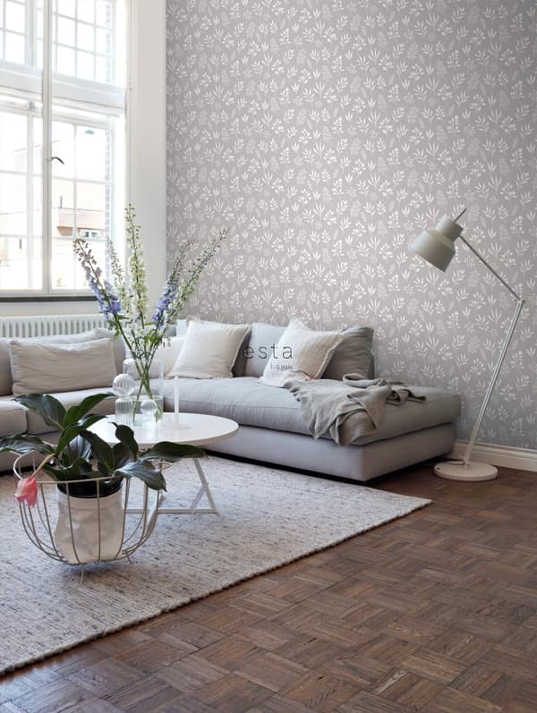ESTAhome tapet blomstermønster i skandinavisk stil varmgråt 0,53 x 10,05 m