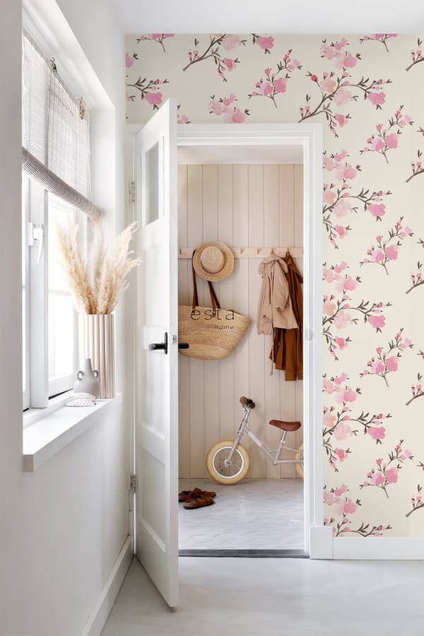 ESTAhome tapet kirsebærblomster beige og lyserødt 0,53 x 10,05 m