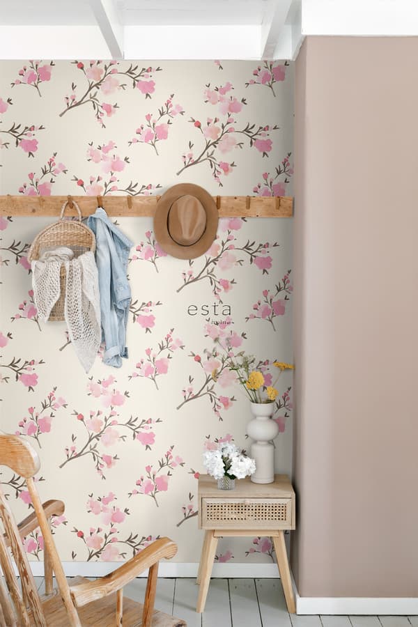 ESTAhome tapet kirsebærblomster beige og lyserødt 0,53 x 10,05 m