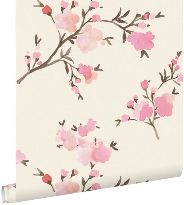 ESTAhome tapet kirsebærblomster beige og lyserødt 0,53 x 10,05 m