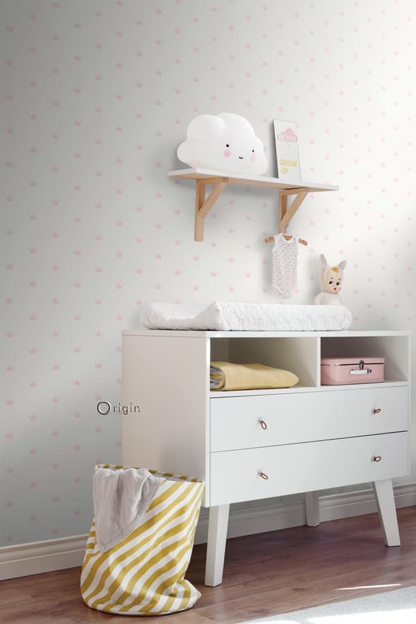 Origin Wallcoverings tapet små kronor glänsande vitt och rosa 0,53 x 10,05 m