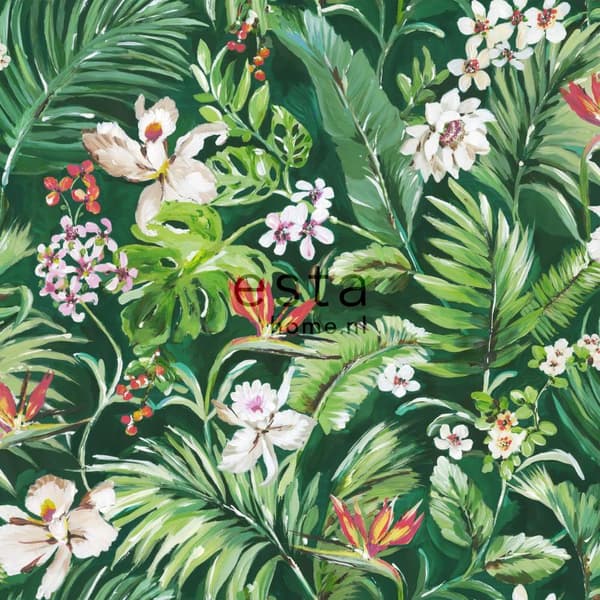 ESTAhome tapet XXL tropiska blad and blommor smaragdgrönt - 158893 - 50 x 900 cm