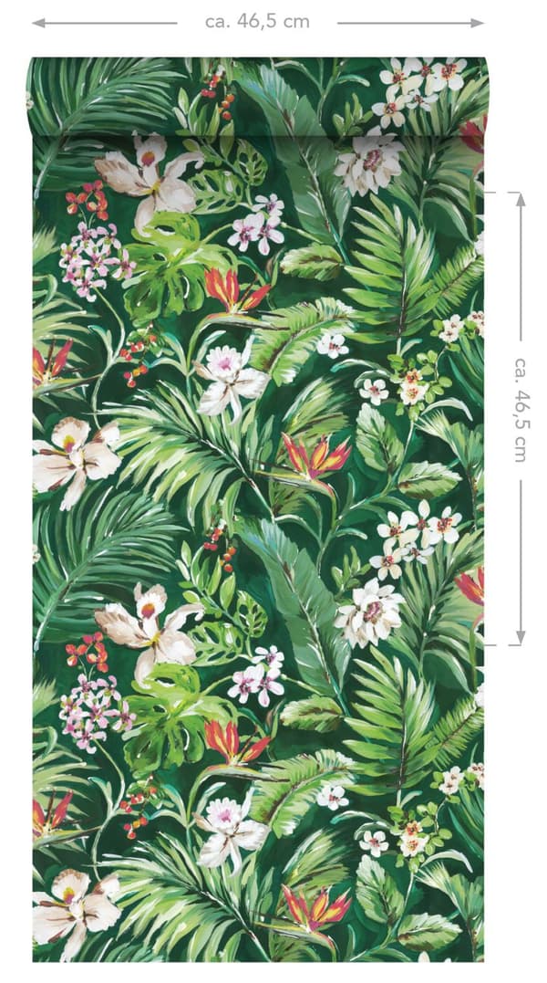 ESTAhome tapet XXL tropiska blad and blommor smaragdgrönt - 158893 - 50 x 900 cm