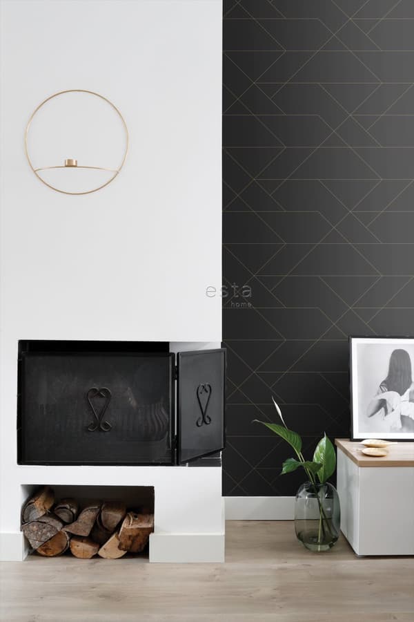 ESTAhome tapet grafiska linjer svart och guld 0,53 x 10,05 m