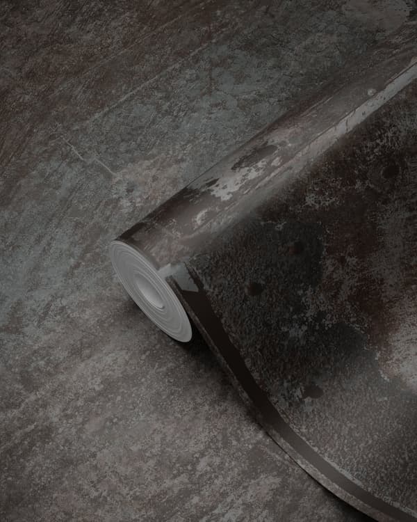 Origin Wallcoverings tapet store slidte rustne metalplader med nitter sort og benzinblåt 53 cm x 10,05 m