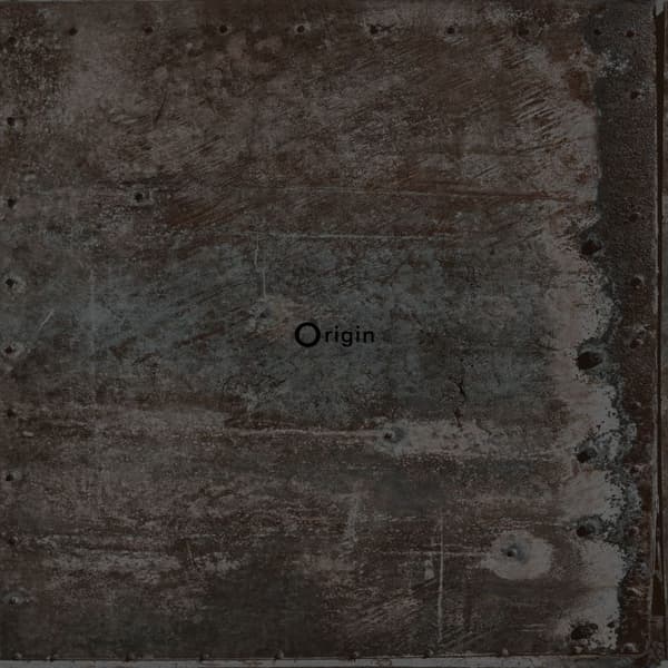 Origin Wallcoverings tapet store slidte rustne metalplader med nitter sort og benzinblåt 53 cm x 10,05 m