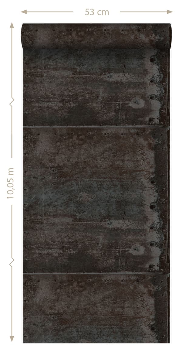 Origin Wallcoverings tapet store slidte rustne metalplader med nitter sort og benzinblåt 53 cm x 10,05 m