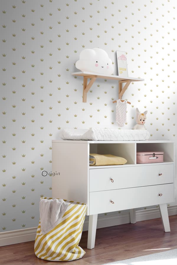 Origin Wallcoverings tapet små kronor matt vitt och guld 0,53 x 10,05 m